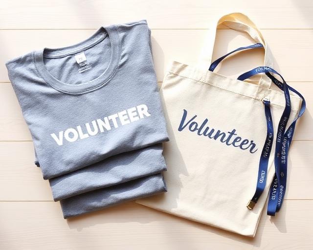 Volunteer t-shirts, canvas tote bag, and lanyards