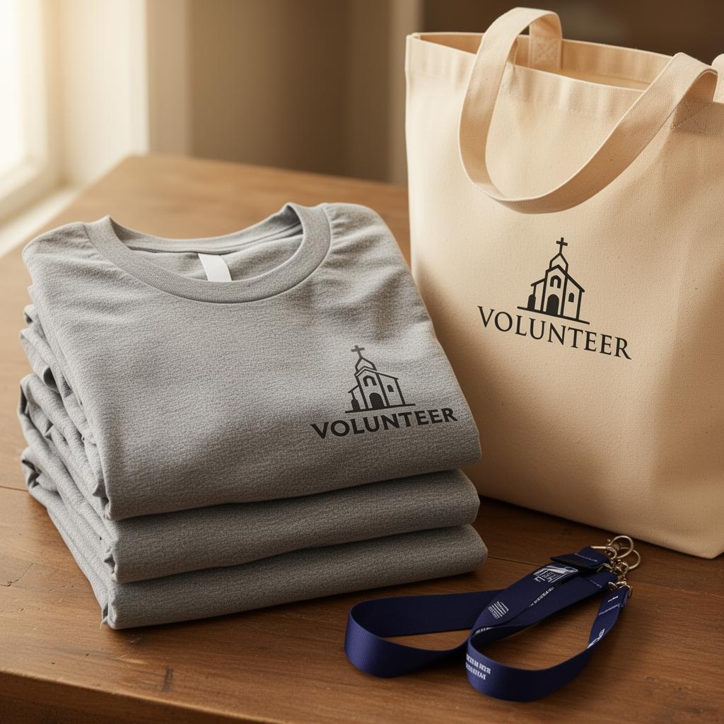 Folded gray volunteer t-shirts with canvas tote bag and navy lanyard