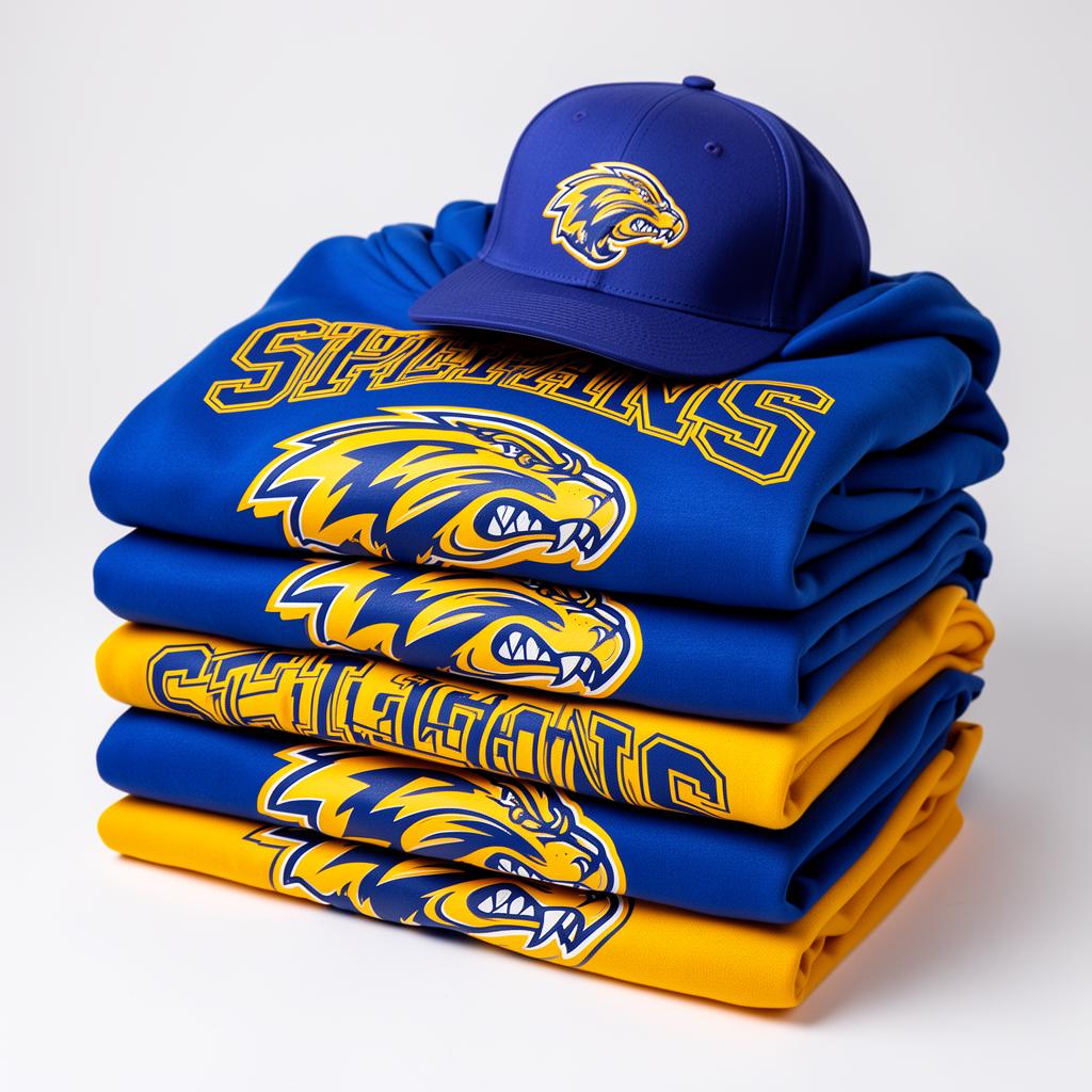 Stack of royal blue and gold screen-printed school spirit shirts, hoodie, and cap